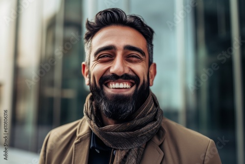 Portrait of a smiling bearded man in a beige coat and scarf