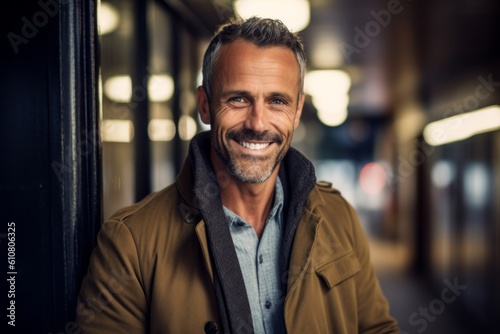 Close-up portrait photography of a pleased man in his 40s that is wearing a chic cardigan against a tunnel or underground passage background . Generative AI
