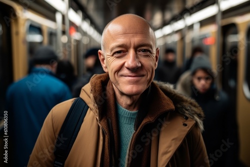 Portrait of a smiling mature man in the subway, looking at the camera.
