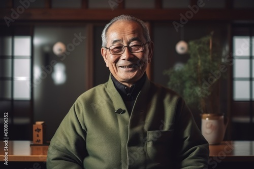 Senior Japanese man in a green jacket and glasses smiling at the camera