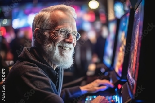 Portrait of senior man playing video games at night club. He is smiling and looking at camera.
