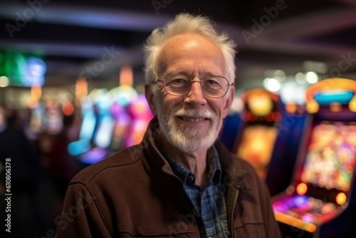 Portrait of happy senior man playing slot machine at night in casino