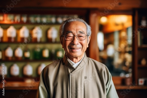 Medium shot portrait photography of a grinning man in his 80s that is wearing a chic cardigan against a peaceful japanese tea ceremony in a traditional setting background .  Generative AI