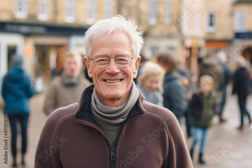 Portrait of smiling senior man in city street. Senior man with grey hair and glasses.