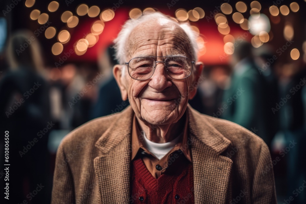 Medium shot portrait photography of a grinning man in his 90s that is wearing a chic cardigan against a hollywood red carpet premiere with stars and cameras background . Generative AI Medium shot portrait photography of a grinning man in his 90s that is wearing a chic cardigan against a hollywood red carpet premiere with stars and cameras background . Generative AI