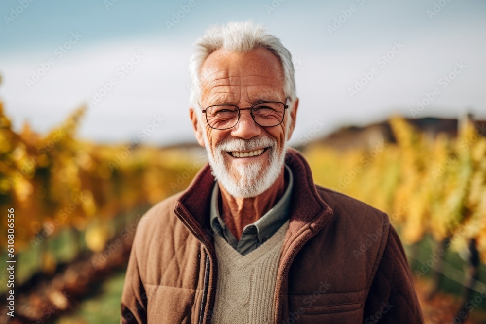 Portrait of senior man in vineyard. He is looking at camera and smiling.