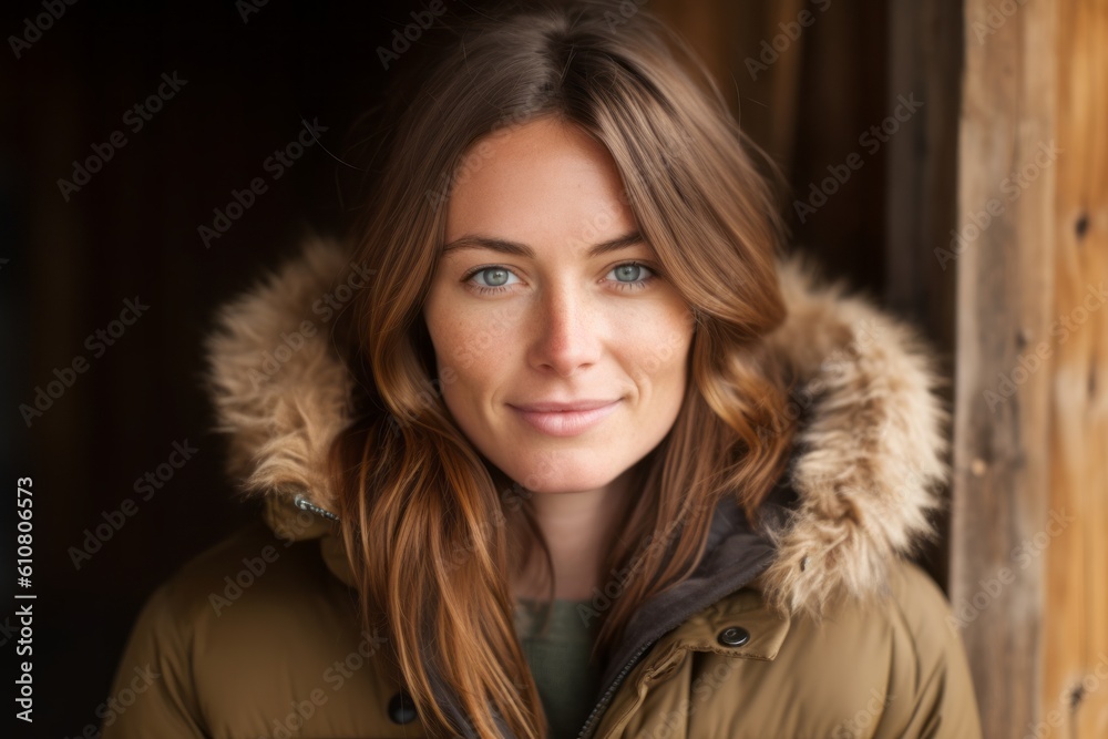 Close up portrait of a beautiful young woman with brown hair wearing warm jacket Close up portrait of a beautiful young woman with brown hair wearing warm jacket