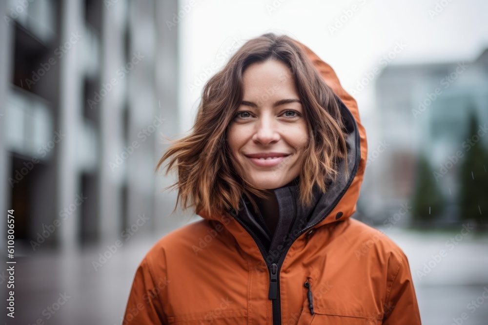 Portrait of a beautiful young woman in an orange down jacket. Portrait of a beautiful young woman in an orange down jacket.