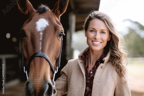 Portrait of a beautiful woman standing with her horse in a stable