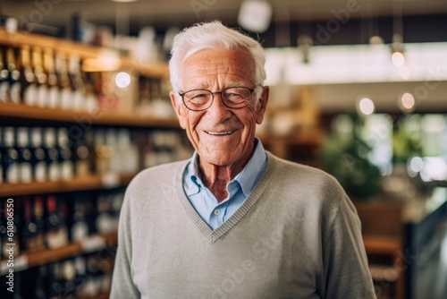 Portrait of smiling senior man with glasses standing in wine store.
