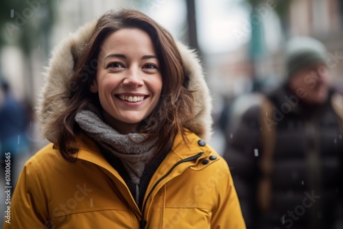 Portrait of a smiling woman in a yellow coat on a city street.