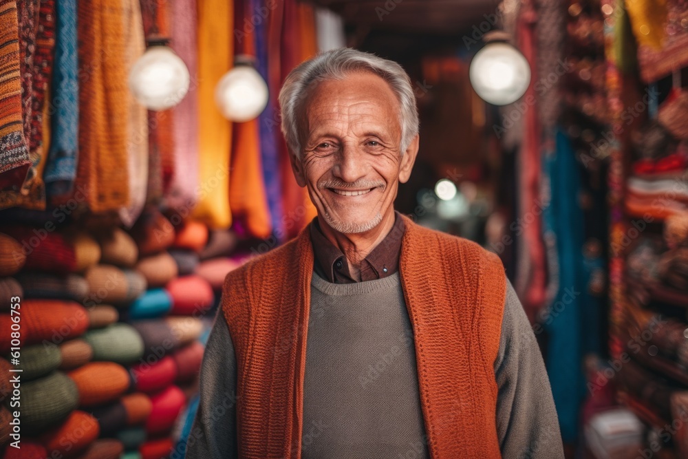 Portrait of smiling senior man standing in shop with colorful carpets Portrait of smiling senior man standing in shop with colorful carpets