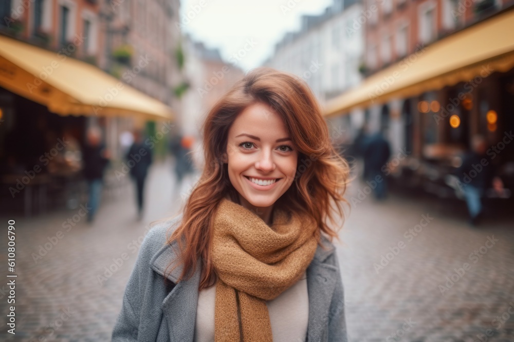 Portrait of a smiling young woman in a coat and scarf on the street