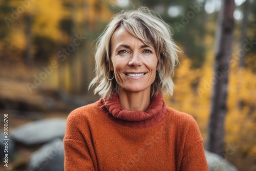 Portrait of smiling mature woman standing in autumn forest. Woman looking at camera.
