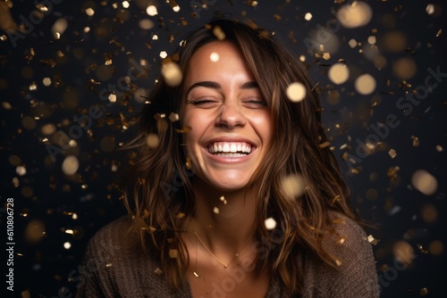 Portrait of a beautiful young woman laughing against black background with golden confetti