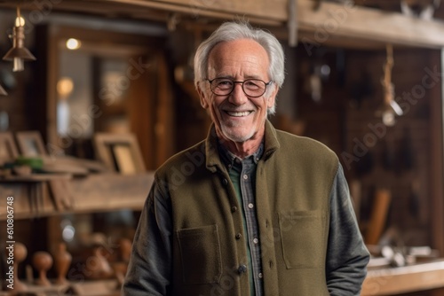 Portrait of senior craftsman smiling at camera while standing in workshop