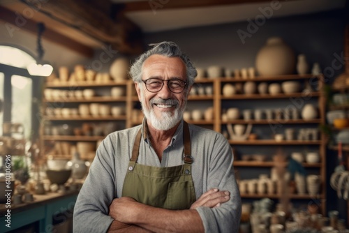 Portrait of a senior potter standing with arms crossed in a pottery workshop