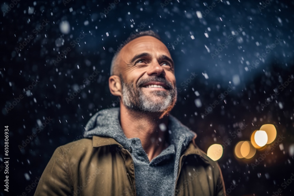 Portrait of a smiling senior man standing under the falling snow. Portrait of a smiling senior man standing under the falling snow.