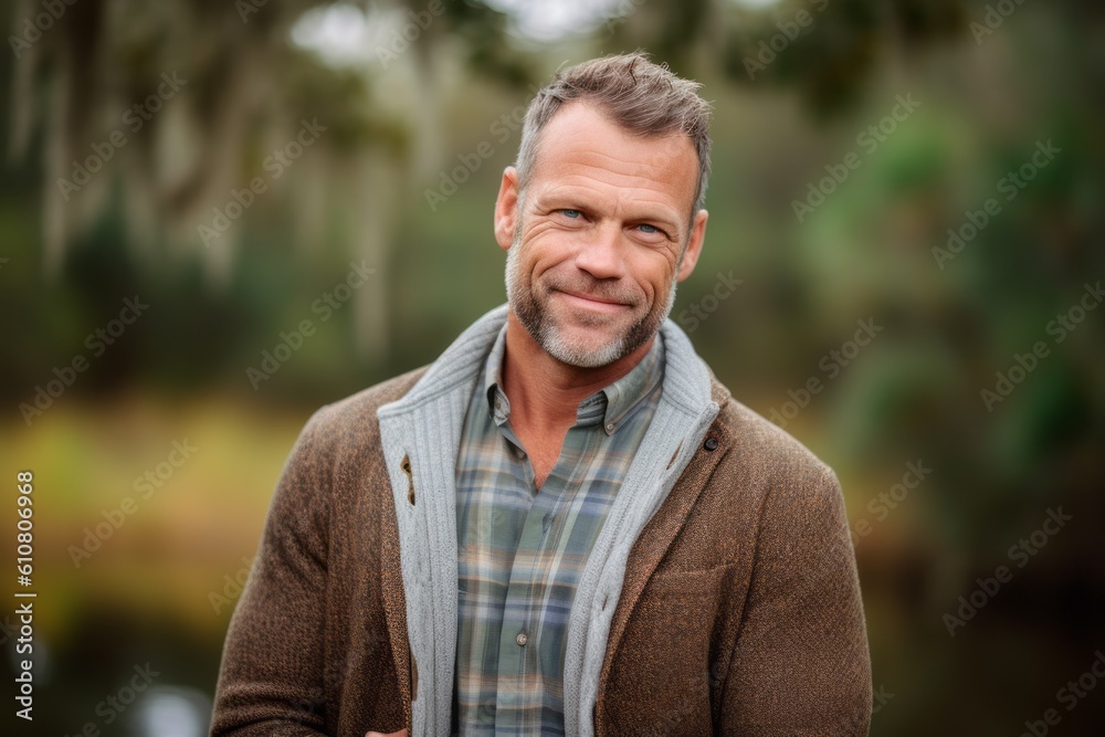 Portrait of a smiling mature man standing by the river in the park Portrait of a smiling mature man standing by the river in the park