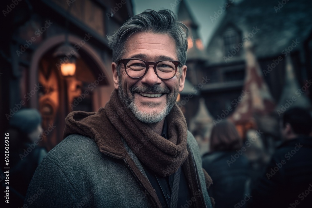 Portrait of a handsome middle-aged man with gray hair wearing glasses and a brown coat. Portrait of a handsome middle-aged man with gray hair wearing glasses and a brown coat.