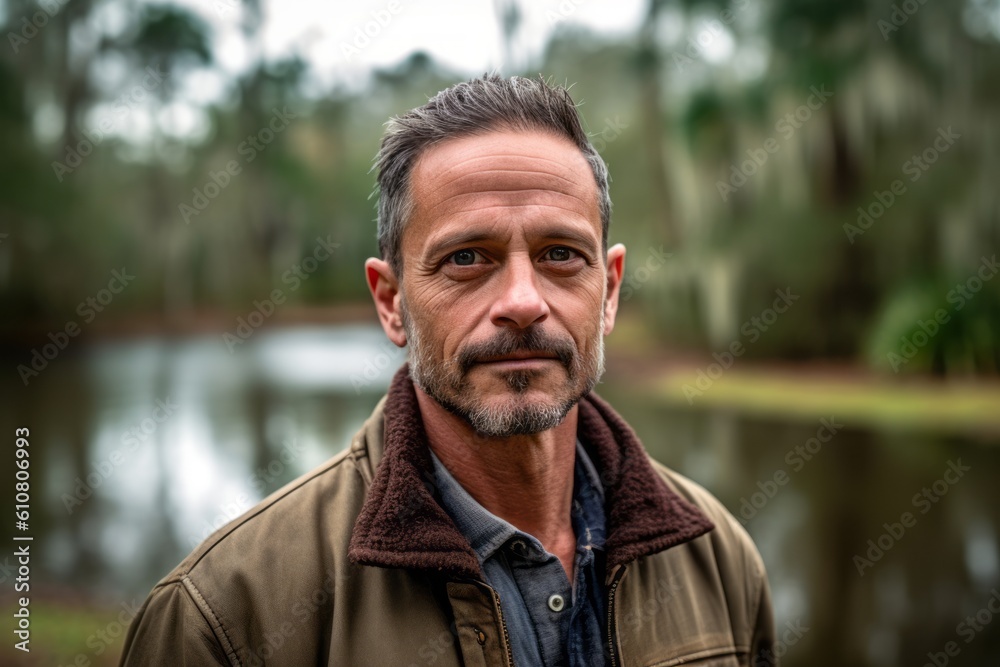 Fototapeta premium Close-up portrait photography of a satisfied man in his 40s that is wearing a chic cardigan against a swampy or bayou background . Generative AI