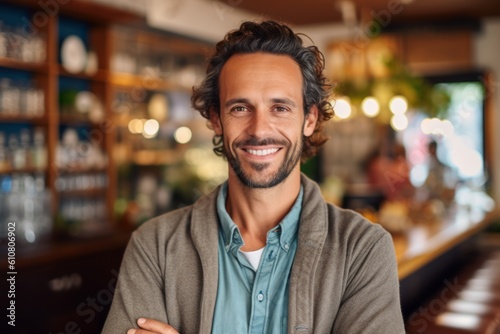 Portrait of handsome man smiling at camera in a pub or restaurant