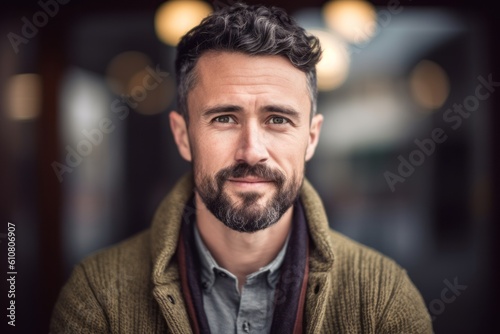 Close-up portrait photography of a satisfied man in his 30s that is wearing a chic cardigan against an abstract background . Generative AI