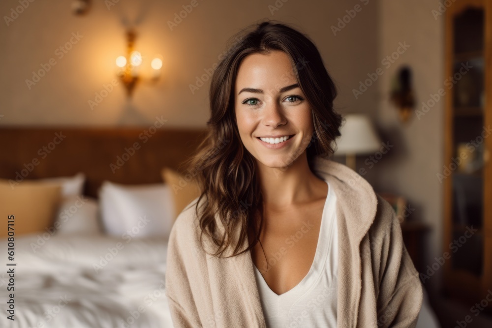 Portrait of a beautiful young woman smiling at camera while sitting on bed at home Portrait of a beautiful young woman smiling at camera while sitting on bed at home