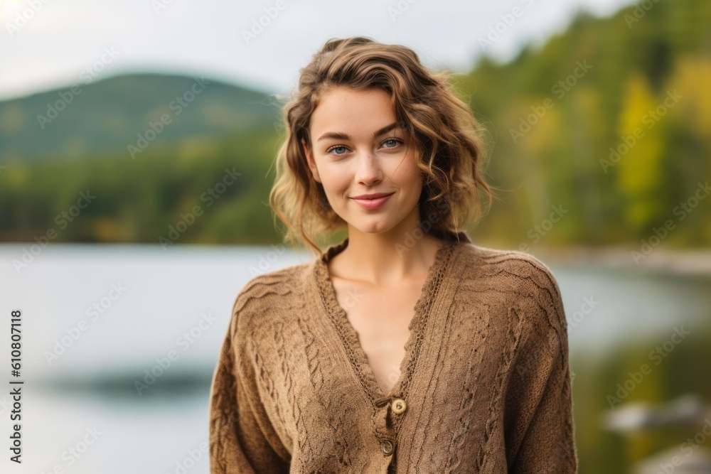 Portrait of a beautiful young woman on a background of autumn landscape