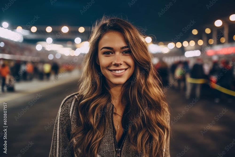 Portrait of a beautiful young woman with long curly hair smiling at the camera.