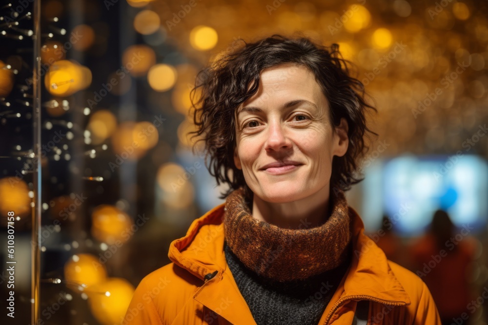 Portrait of a beautiful young woman in an orange jacket on a background of Christmas lights Portrait of a beautiful young woman in an orange jacket on a background of Christmas lights