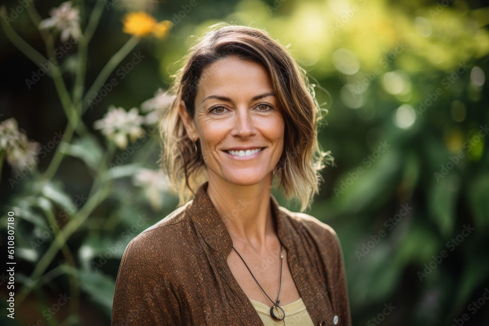 Portrait of smiling woman standing in garden on a sunny day. Portrait of smiling woman standing in garden on a sunny day.