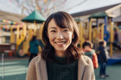 Medium shot portrait photography of a grinning woman in her 30s that is wearing a cozy sweater against a children's playground with parents and kids background . Generative AI
