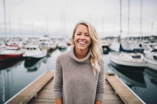 Medium shot portrait photography of a grinning woman in her 30s that is wearing a cozy sweater against a bustling marina with yachts and sailboats background . Generative AI