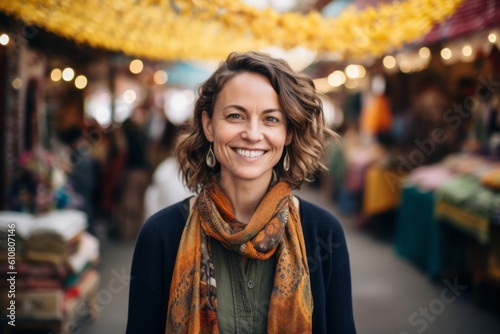 Portrait of smiling young woman with curly hair on street market.