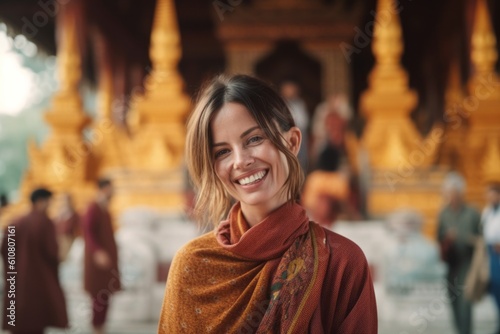 Smiling young woman standing in front of a buddhist temple