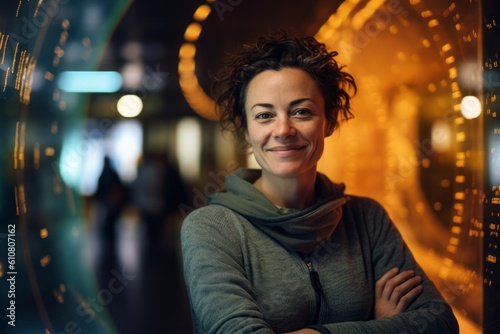 Close-up portrait photography of a satisfied woman in her 40s that is wearing a cozy sweater against an interactive science museum with hands-on exhibits background .  Generative AI © Eber Braun