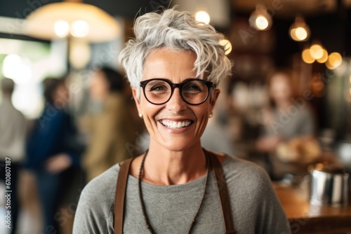 Portrait of smiling mature woman in eyeglasses at coffee shop