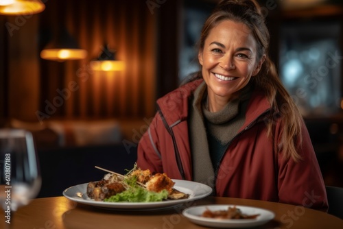 Portrait of smiling mature woman sitting at table in restaurant and eating meat