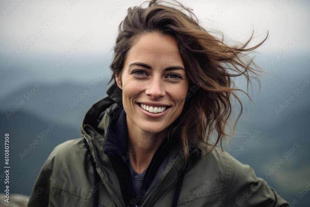 Portrait of a smiling woman with wind blowing hair in the mountains