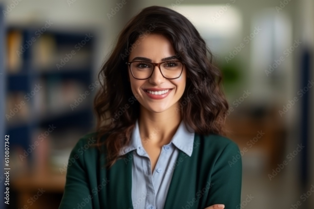 Portrait of happy young businesswoman in eyeglasses looking at camera with smile, standing in office Portrait of happy young businesswoman in eyeglasses looking at camera with smile, standing in office