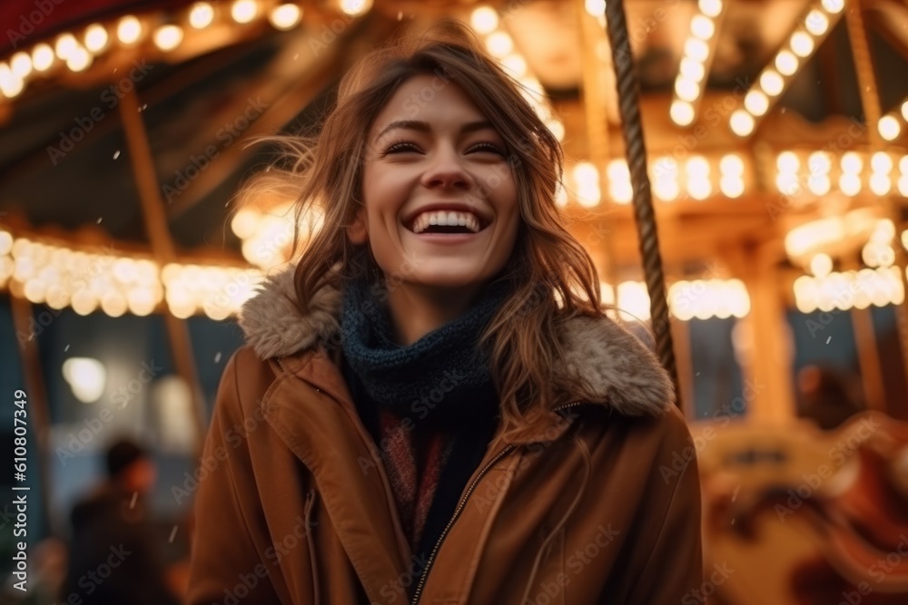 Medium shot portrait photography of a grinning woman in her 30s that is wearing a warm parka against an old-fashioned carousel in motion at a city square background . Generative AI Medium shot portrait photography of a grinning woman in her 30s that is wearing a warm parka against an old-fashioned carousel in motion at a city square background . Generative AI