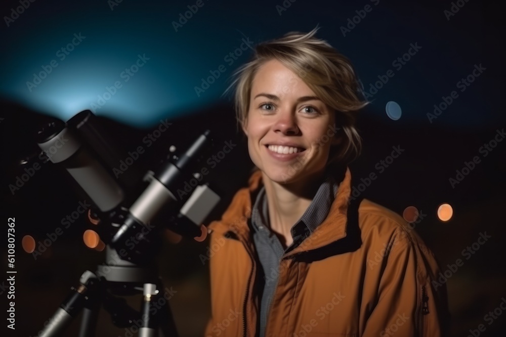 Portrait of a young woman looking through a telescope at night.