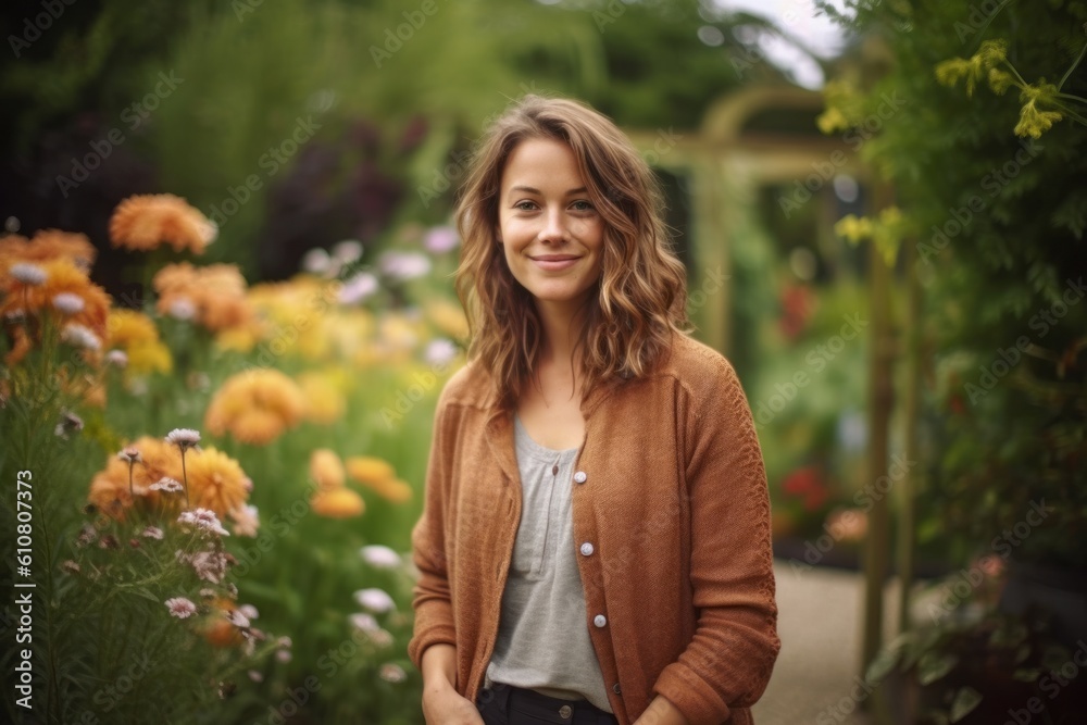 Portrait of a beautiful young woman standing in a flower garden. Portrait of a beautiful young woman standing in a flower garden.