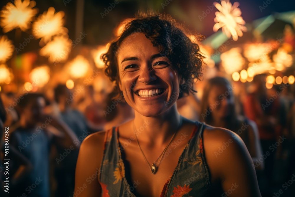 Medium shot portrait photography of a grinning woman in her 40s that is wearing a casual t-shirt against a scenic hawaiian luau with performers and fire dancers background . Generative AI Medium shot portrait photography of a grinning woman in her 40s that is wearing a casual t-shirt against a scenic hawaiian luau with performers and fire dancers background . Generative AI