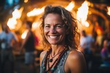 Medium shot portrait photography of a grinning woman in her 40s that is wearing a casual t-shirt against a scenic hawaiian luau with performers and fire dancers background .  Generative AI