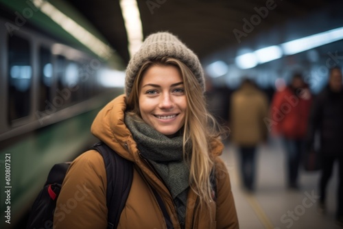 Portrait of a smiling young woman in winter clothes on a train station