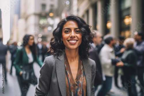 Medium shot portrait photography of a pleased woman in her 30s that is wearing a chic cardigan against a bustling day at the stock exchange with traders background . Generative AI