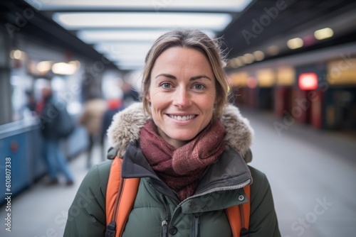 Portrait of a smiling young woman at the train station in winter