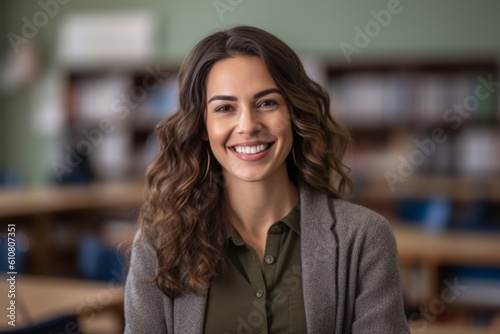 Portrait of smiling female student standing in classroom at university. She is looking at camera and smiling